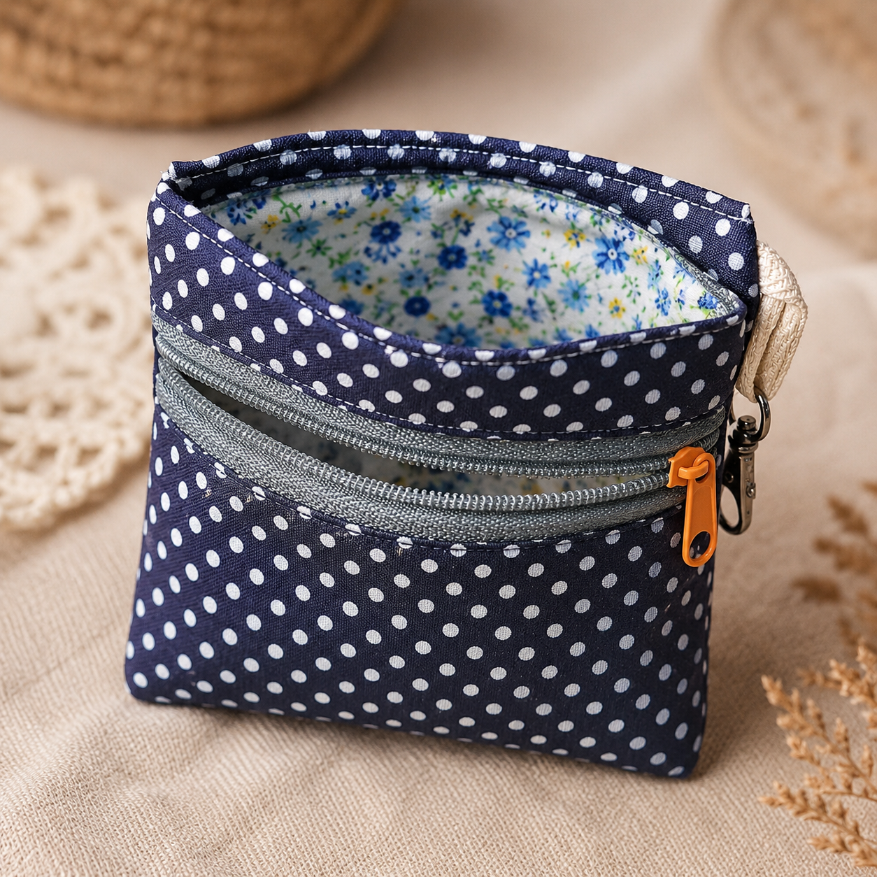 Navy Polka Dot Standing Zipper Pouch with Floral Lining