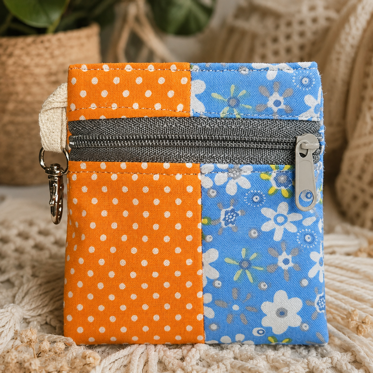 Orange Polka Dot & Blue Floral Patchwork Standing Zipper Pouch