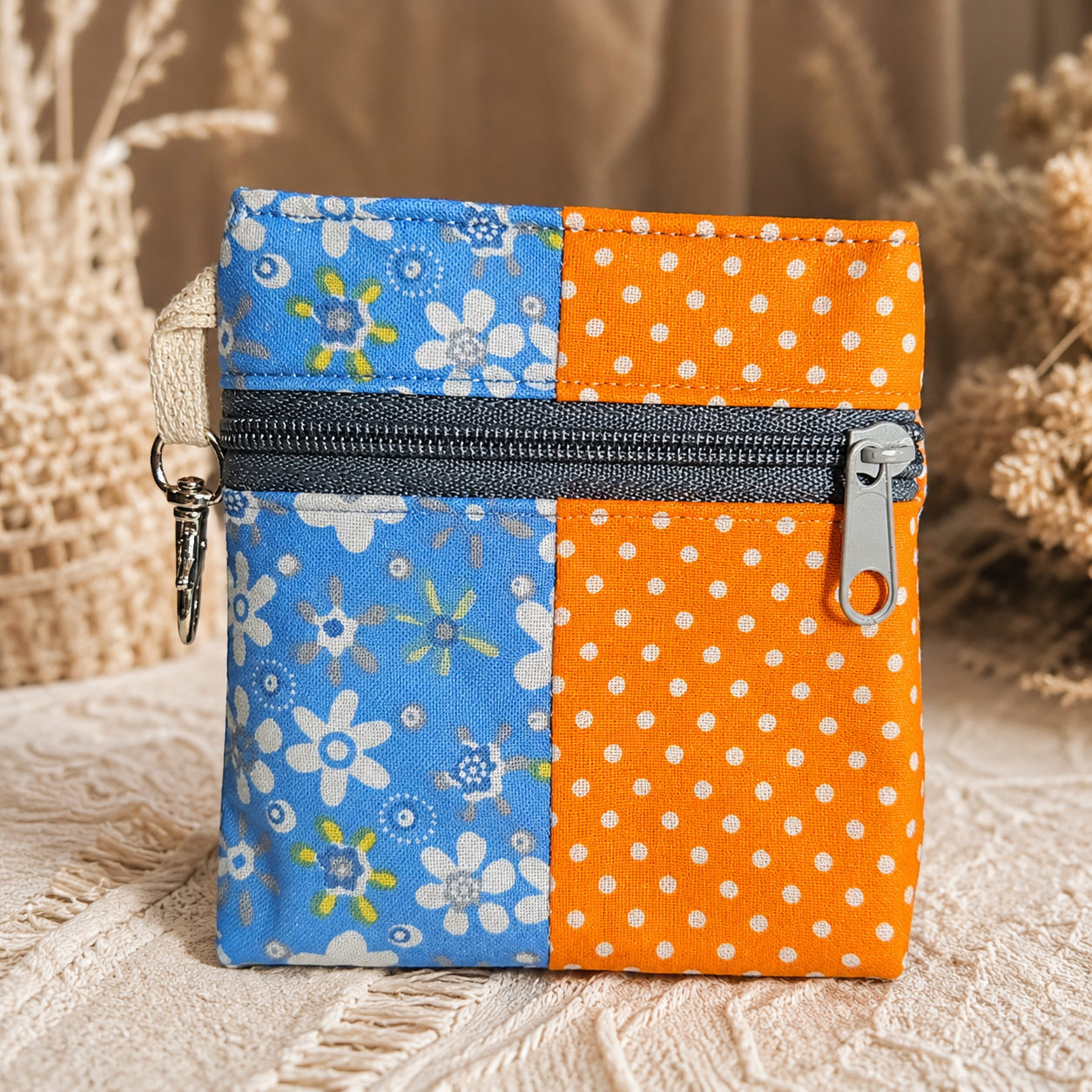 Orange Polka Dot & Blue Floral Patchwork Standing Zipper Pouch