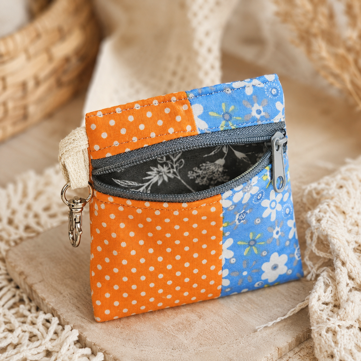 Orange Polka Dot & Blue Floral Patchwork Standing Zipper Pouch