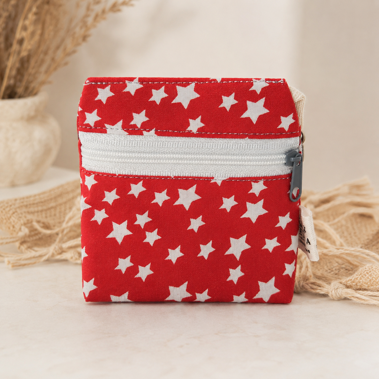 Red Star Standing Zipper Pouch with Gingham Lining