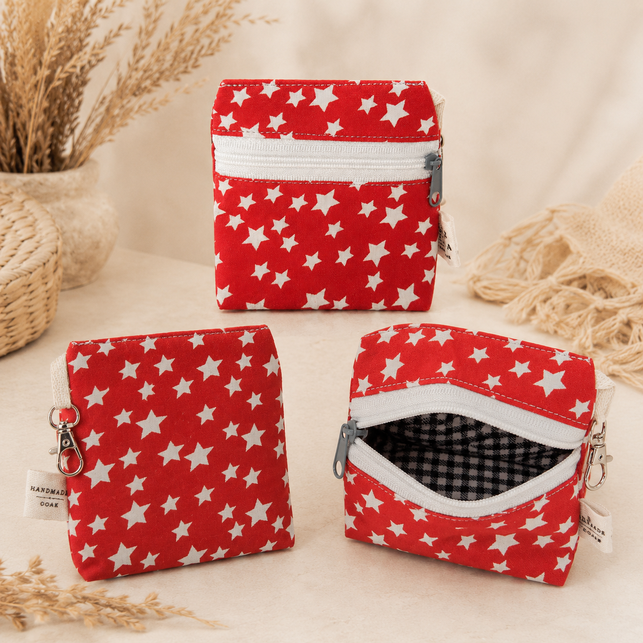 Red Star Standing Zipper Pouch with Gingham Lining