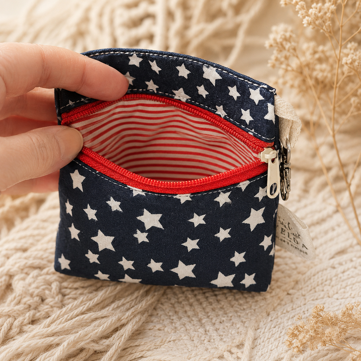 Navy Star Standing Zipper Pouch with Red Stripe Lining