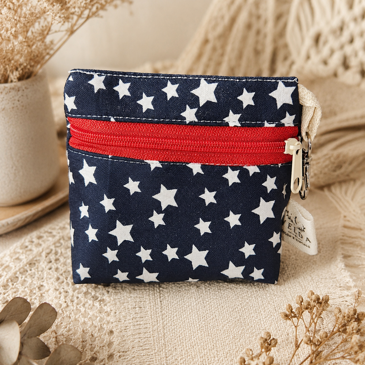 Navy Star Standing Zipper Pouch with Red Stripe Lining