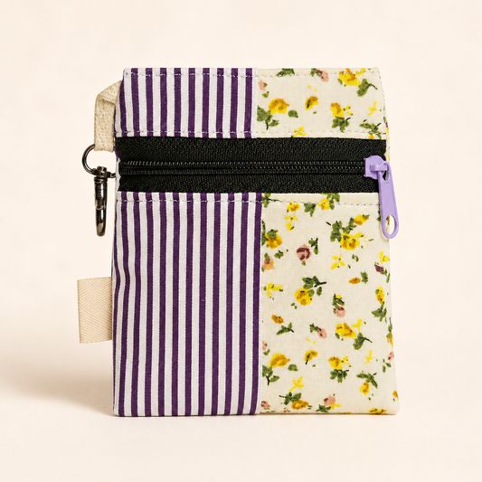 Purple Stripe & Yellow Floral Patchwork Standing Zipper Pouch