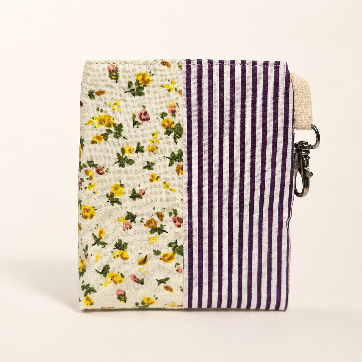Purple Stripe & Yellow Floral Patchwork Standing Zipper Pouch