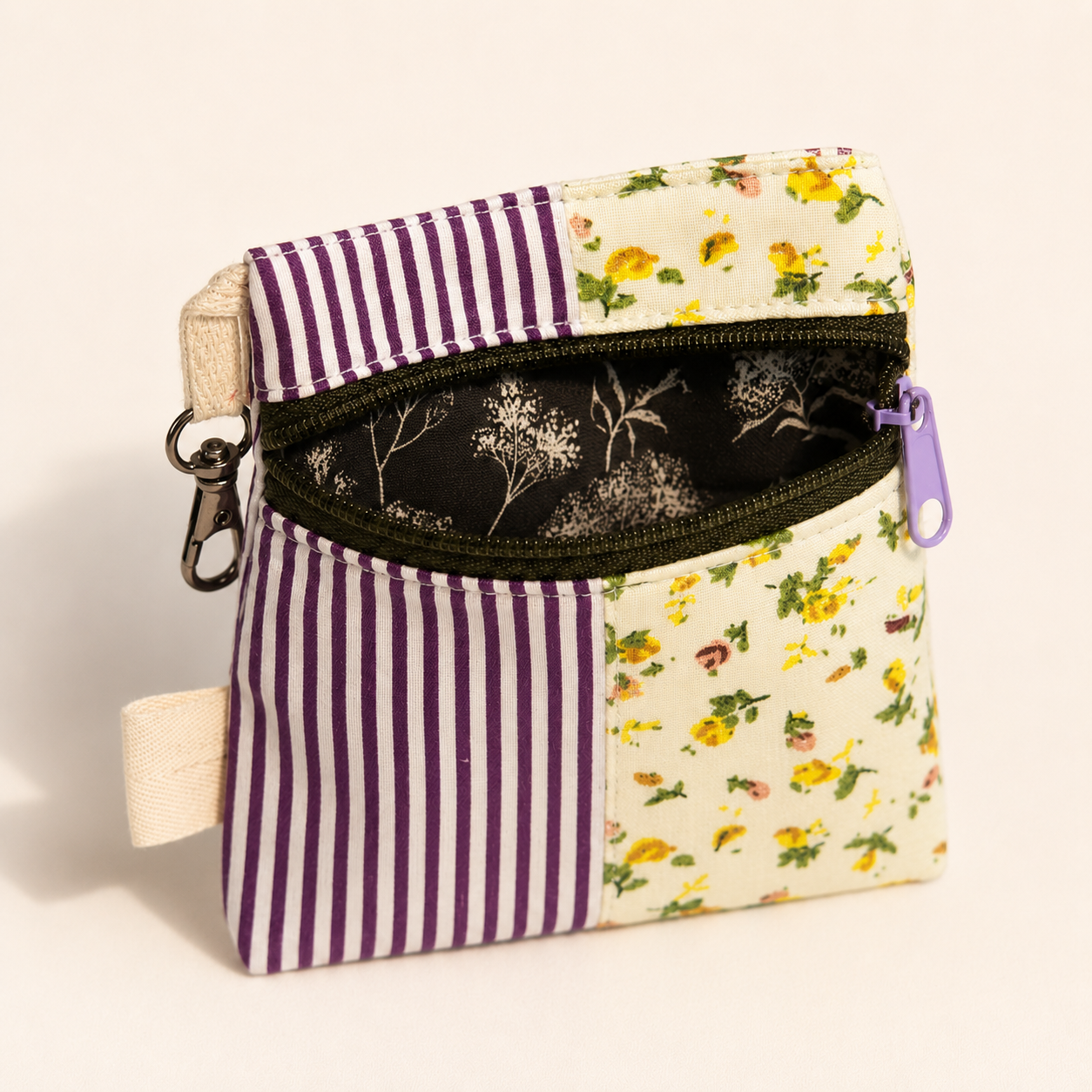 Purple Stripe & Yellow Floral Patchwork Standing Zipper Pouch
