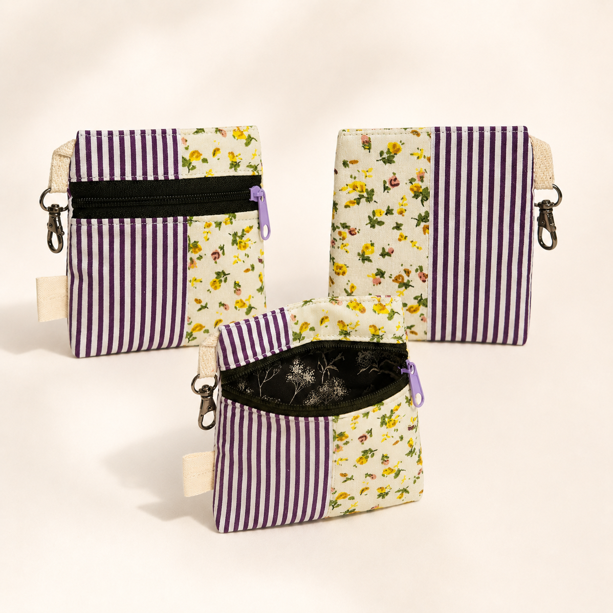 Purple Stripe & Yellow Floral Patchwork Standing Zipper Pouch