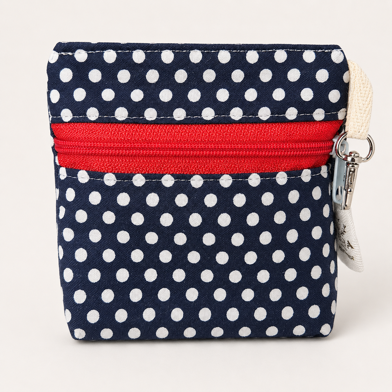 Navy Polka Dot Standing Zipper Pouch with Blue Stripe Lining