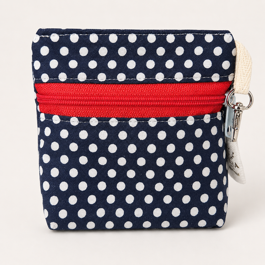 Navy Polka Dot Standing Zipper Pouch with Blue Stripe Lining
