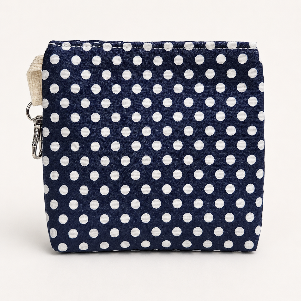 Navy Polka Dot Standing Zipper Pouch with Blue Stripe Lining