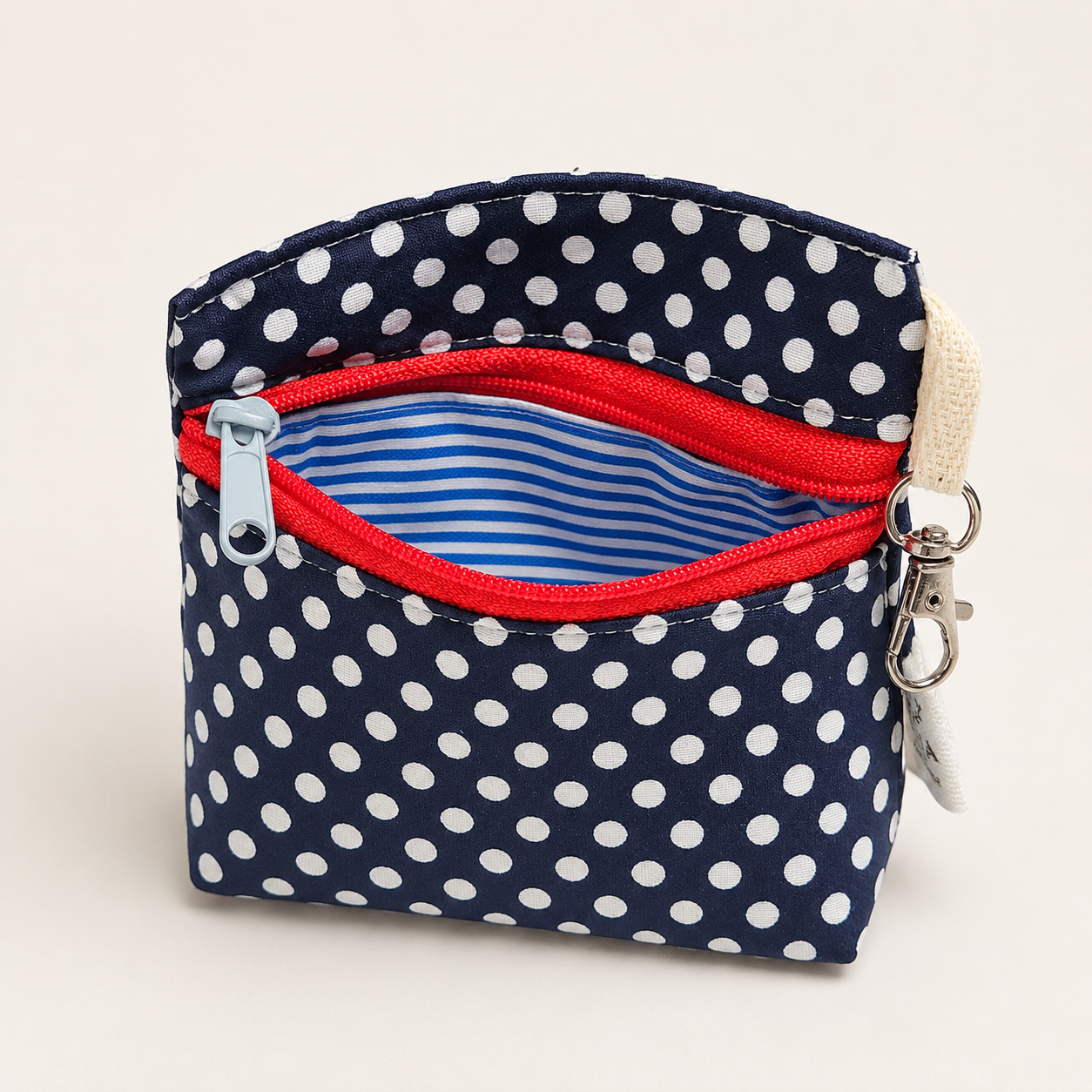 Navy Polka Dot Standing Zipper Pouch with Blue Stripe Lining