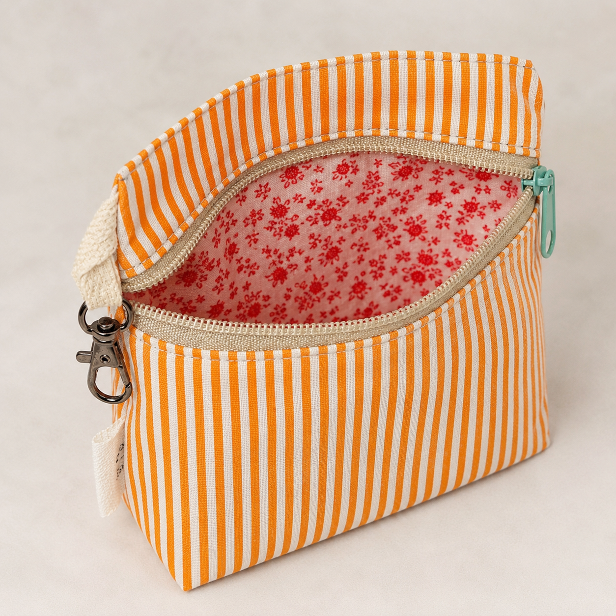 Orange Stripe Standing Zipper Pouch with Pink Floral Lining