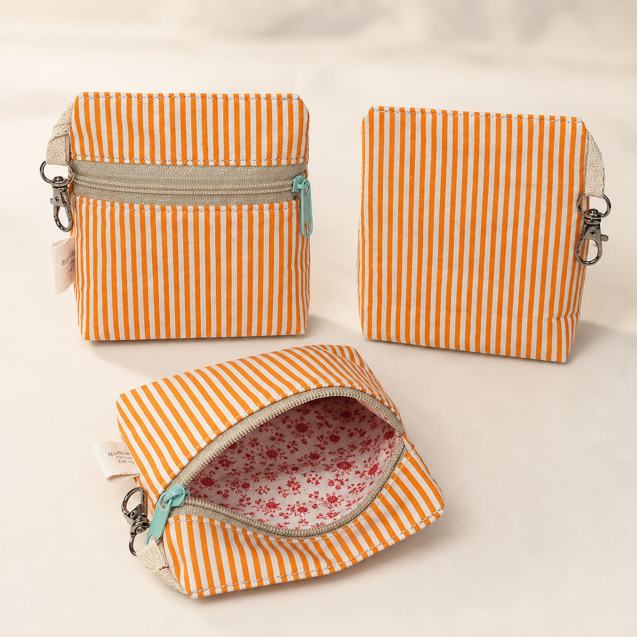 Orange Stripe Standing Zipper Pouch with Pink Floral Lining
