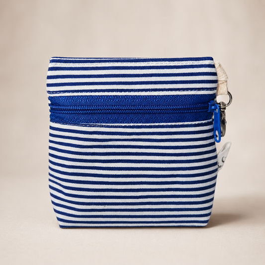 Navy Stripe Standing Zipper Pouch with Blue Gingham Lining