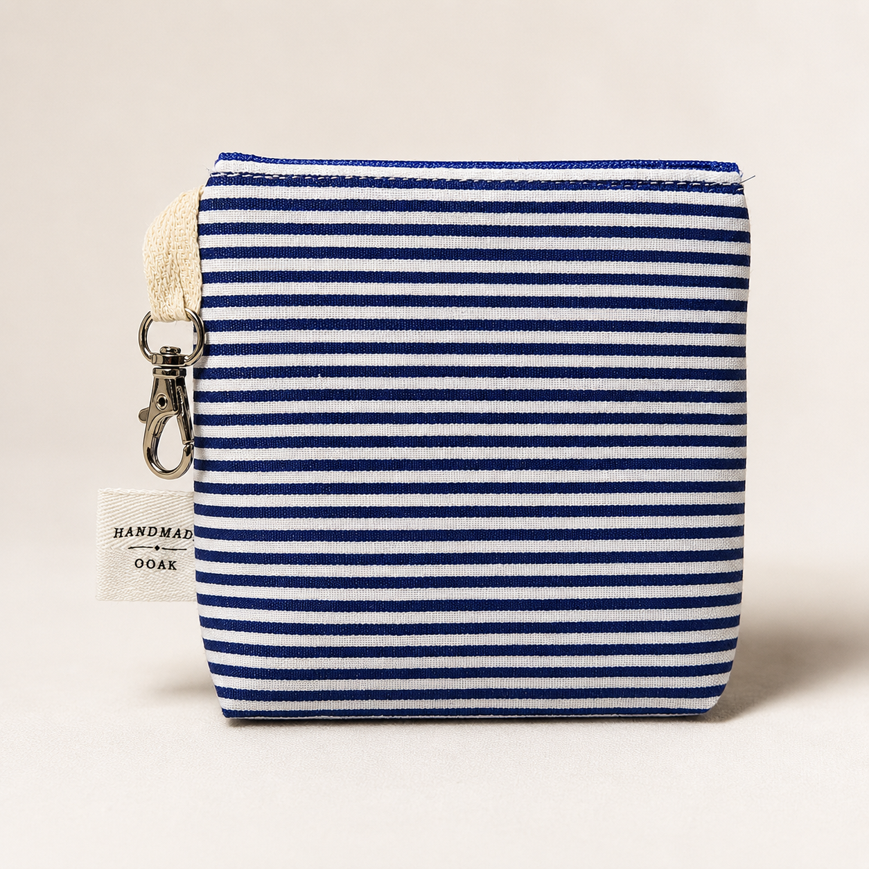 Navy Stripe Standing Zipper Pouch with Blue Gingham Lining