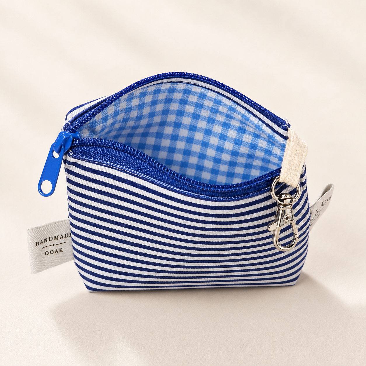 Navy Stripe Standing Zipper Pouch with Blue Gingham Lining