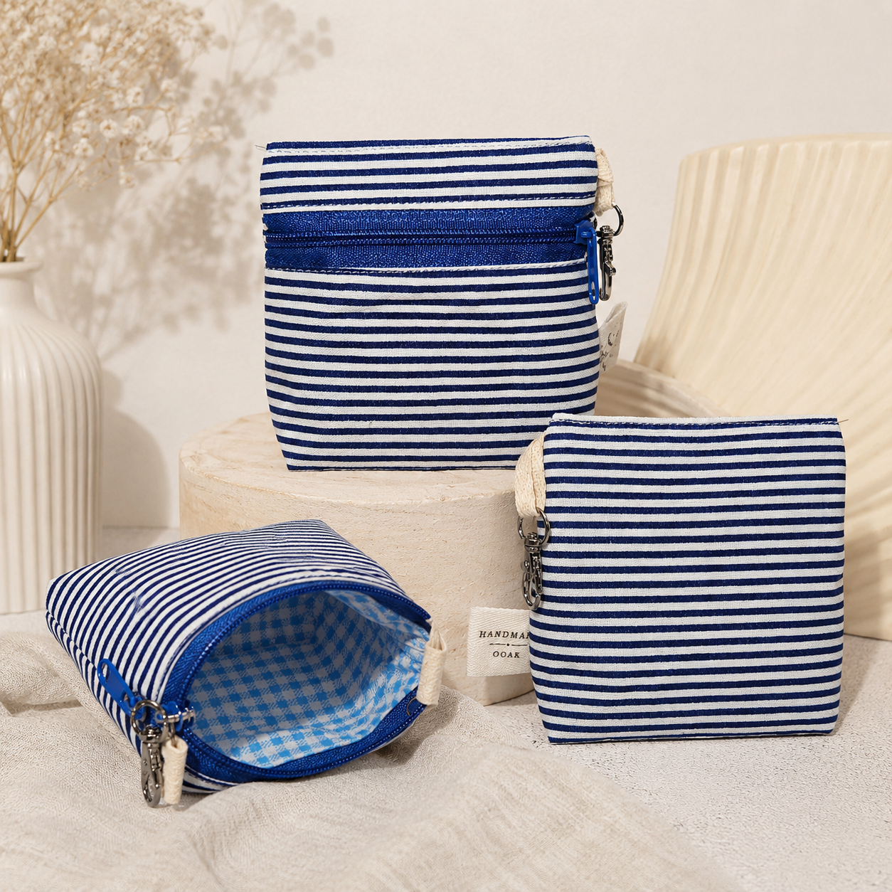 Navy Stripe Standing Zipper Pouch with Blue Gingham Lining