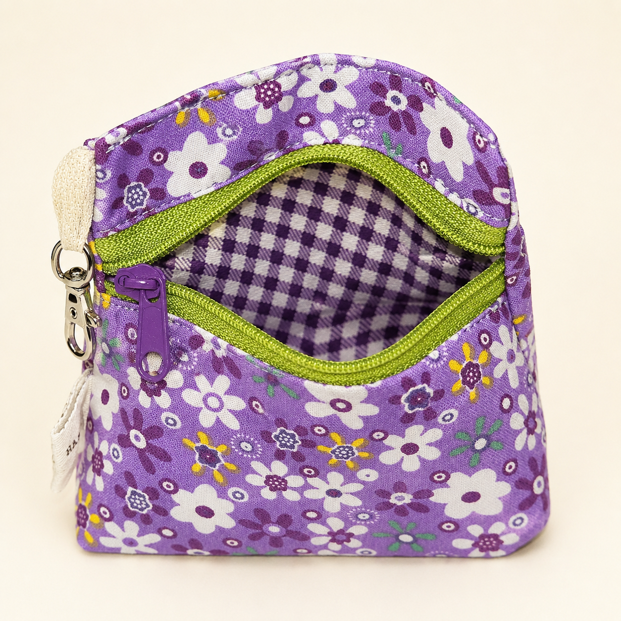 Purple Floral Standing Zipper Pouch with Purple Gingham Lining