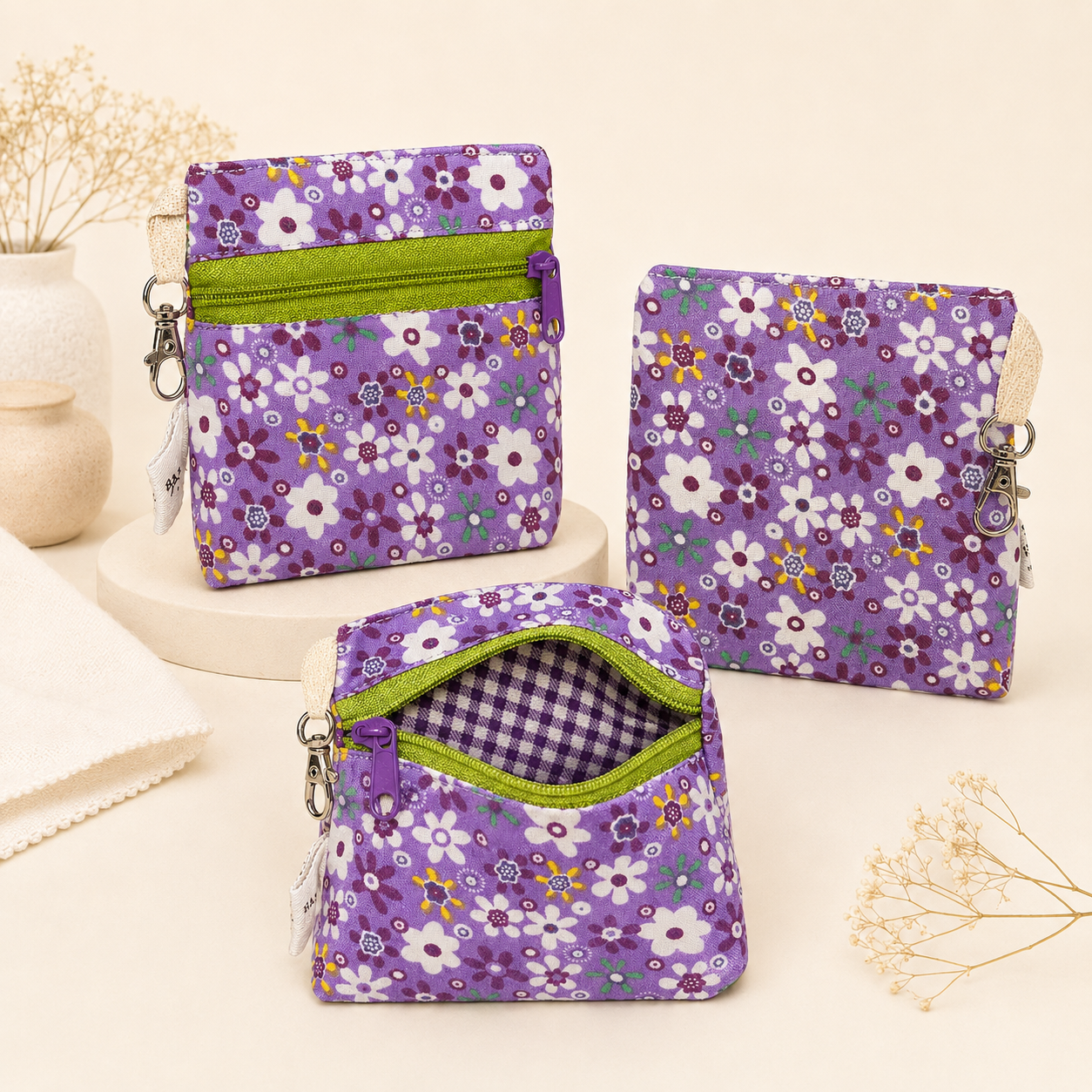 Purple Floral Standing Zipper Pouch with Purple Gingham Lining