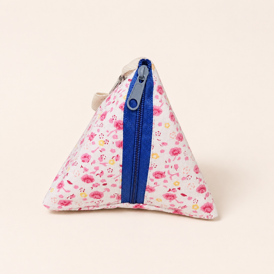 Handmade Triangle Zipper Pouch – Pink Ditsy Floral / Blue Zipper