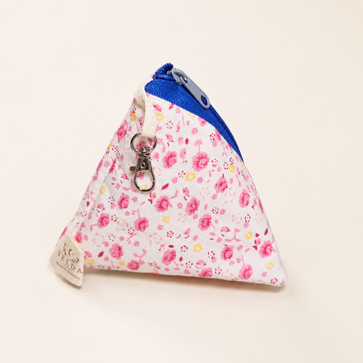 Handmade Triangle Zipper Pouch – Pink Ditsy Floral / Blue Zipper