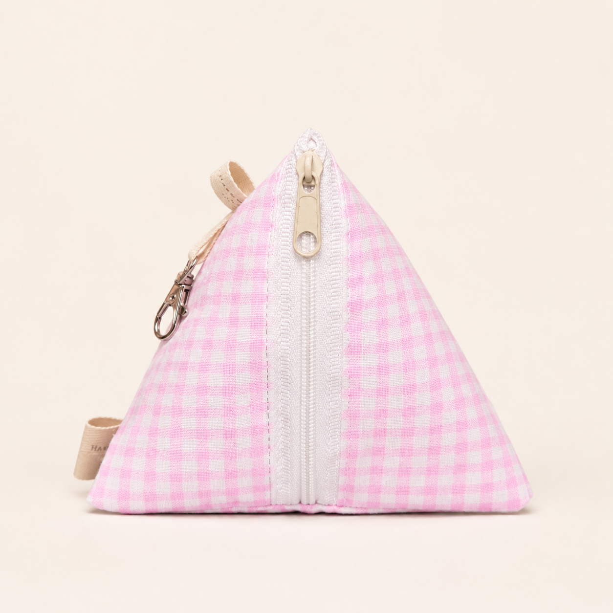 Handmade Triangle Zipper Pouch – Pink Gingham / White Zipper