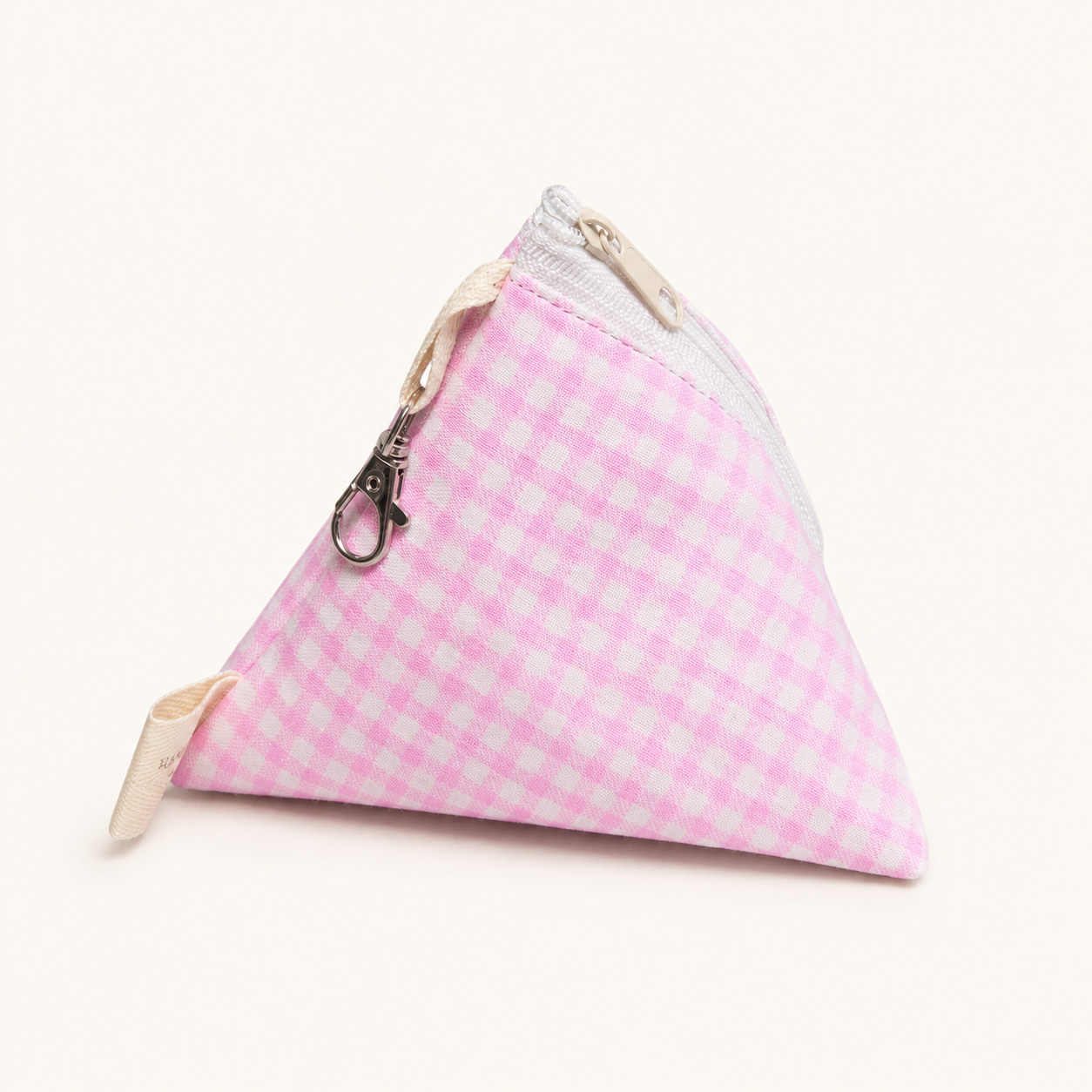 Handmade Triangle Zipper Pouch – Pink Gingham / White Zipper