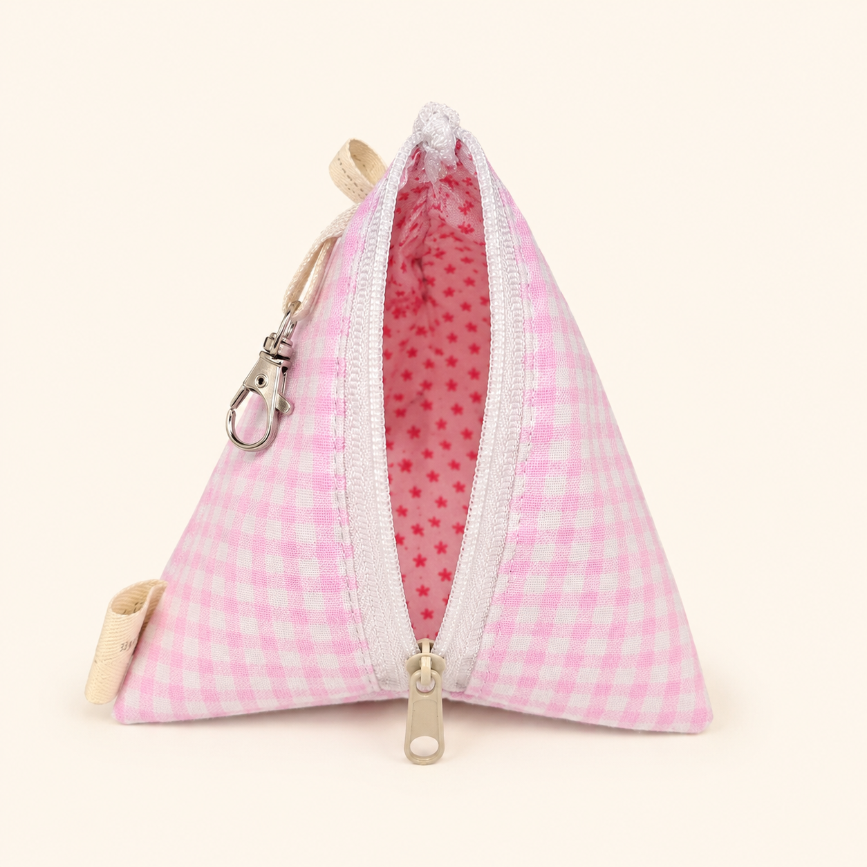 Handmade Triangle Zipper Pouch – Pink Gingham / White Zipper