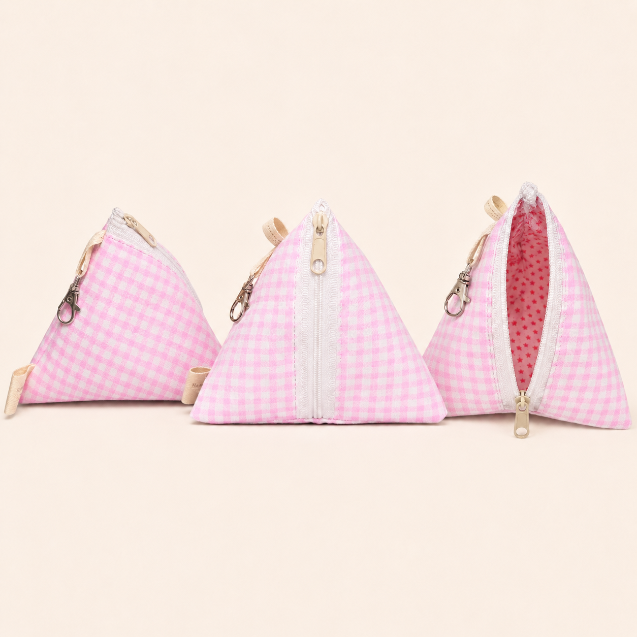 Handmade Triangle Zipper Pouch – Pink Gingham / White Zipper