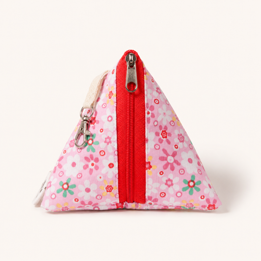 Handmade Triangle Zipper Pouch – Pink Floral Medley / Red Zipper