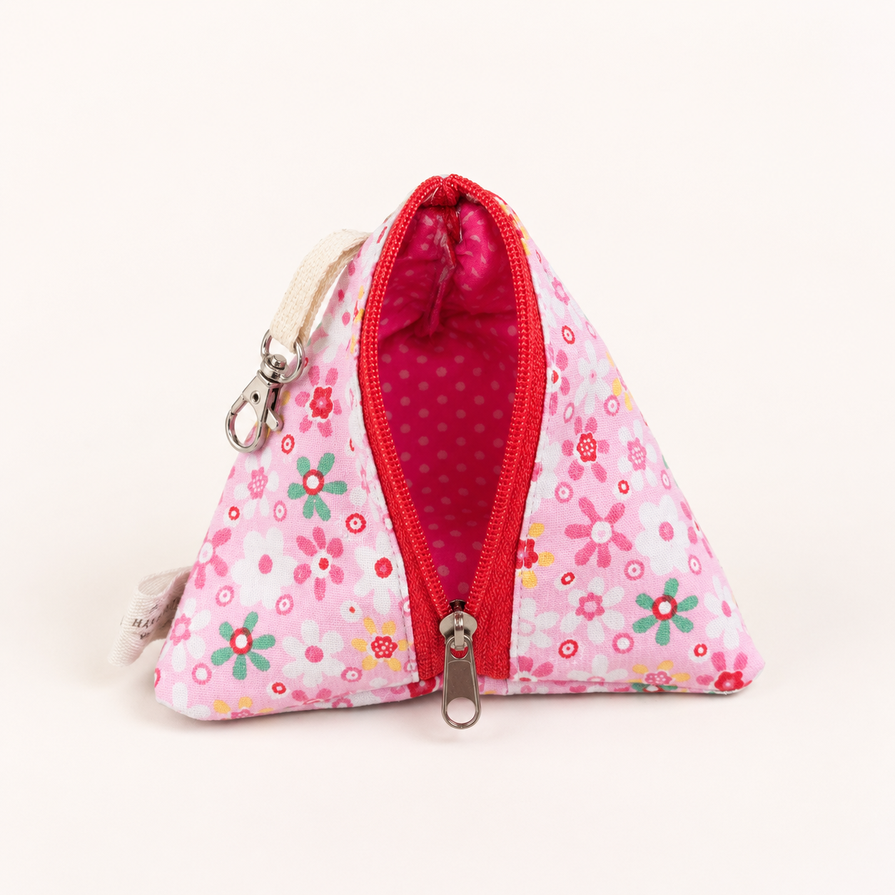 Handmade Triangle Zipper Pouch – Pink Floral Medley / Red Zipper