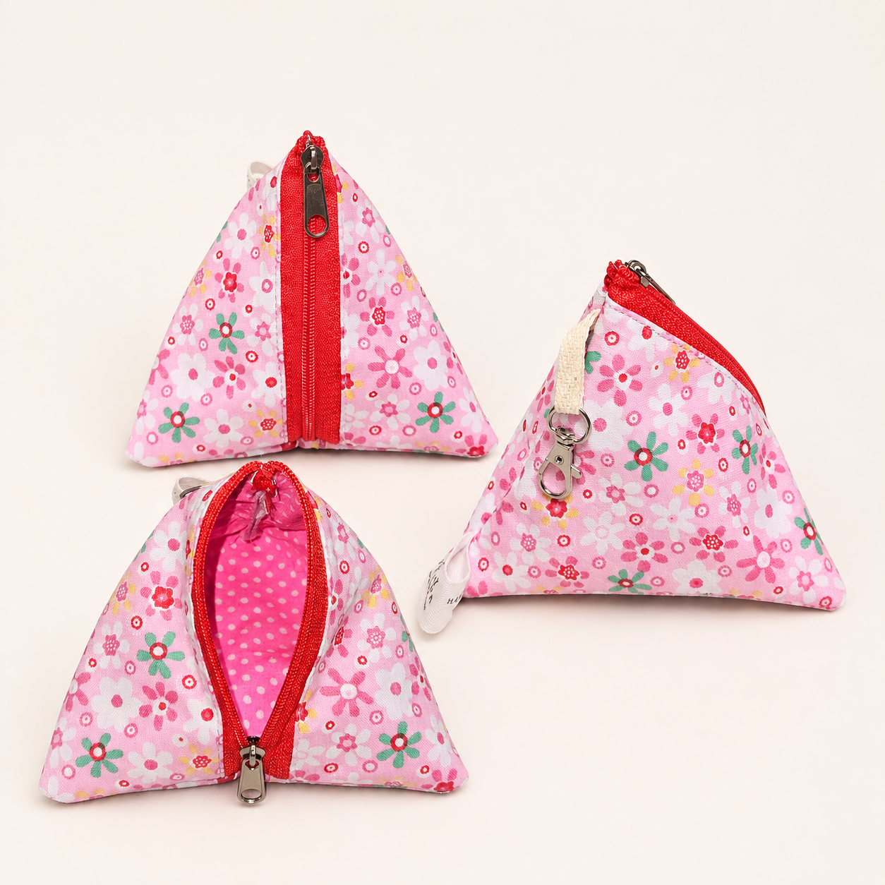 Handmade Triangle Zipper Pouch – Pink Floral Medley / Red Zipper