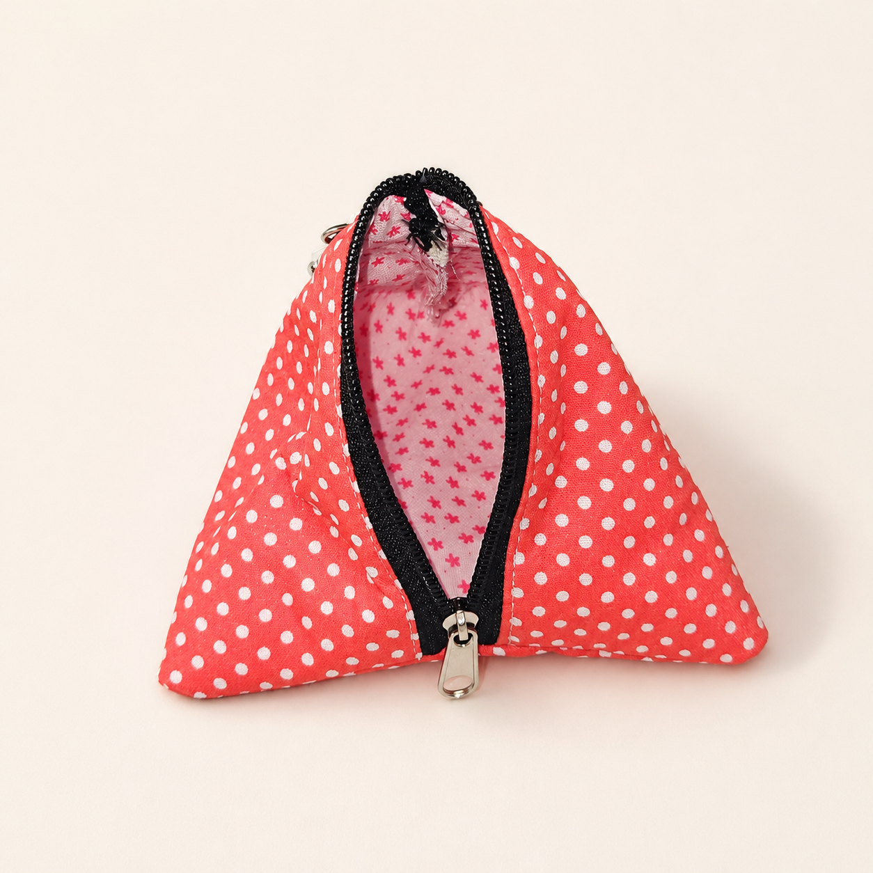 Handmade Triangle Zipper Pouch – Red Polka Dot / Black Zipper