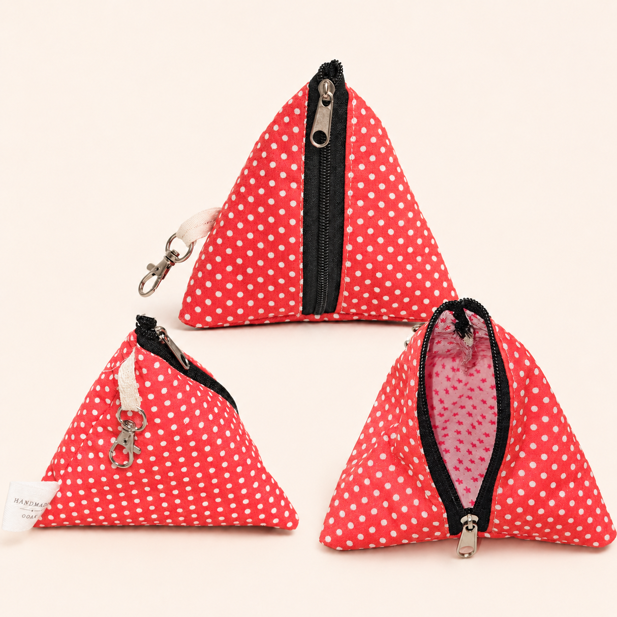 Handmade Triangle Zipper Pouch – Red Polka Dot / Black Zipper