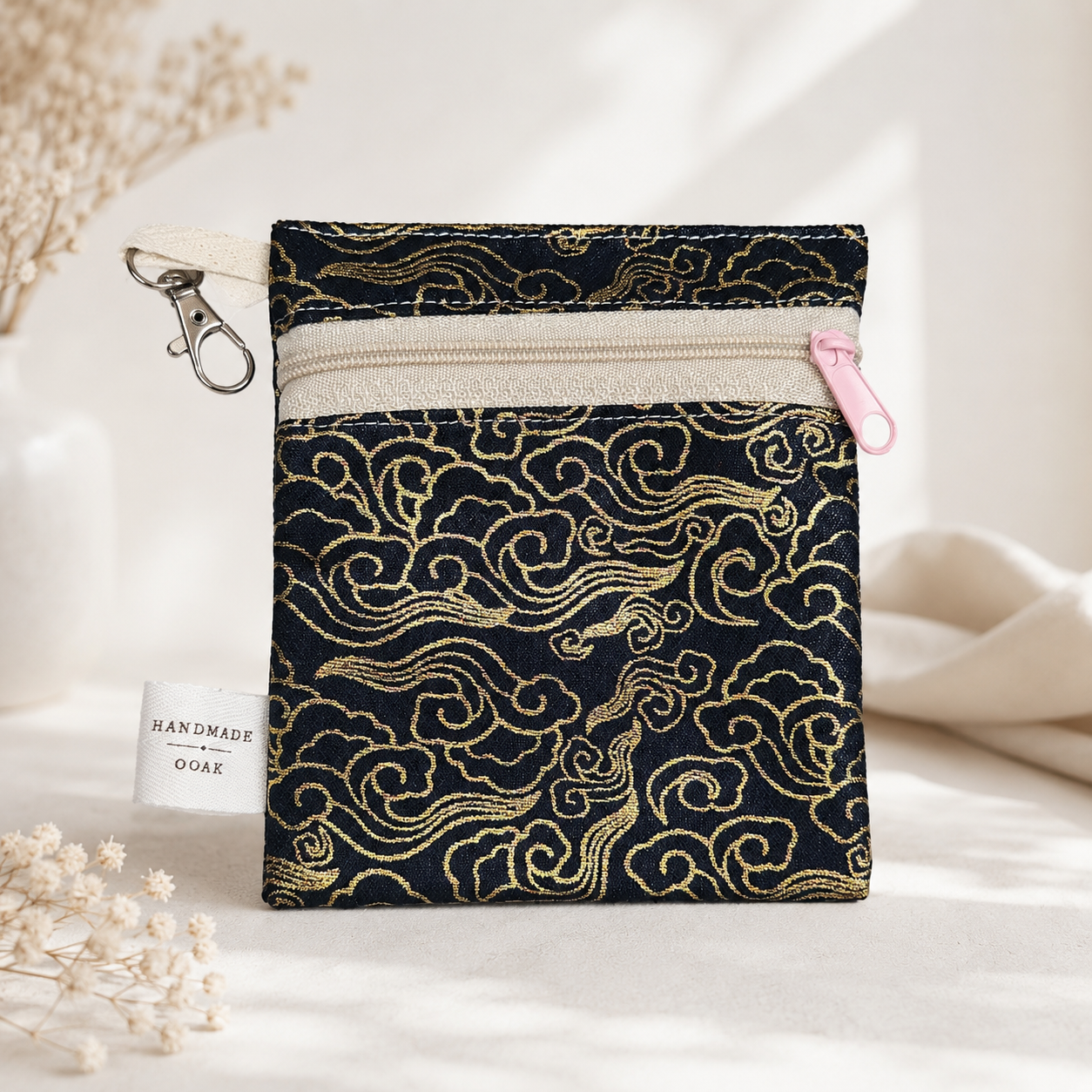 Handmade Flat Zipper Pouch – Black Gold Swirl Brocade / Cream Zipper / Pink Pull