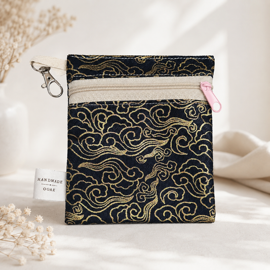 Handmade Flat Zipper Pouch – Black Gold Swirl Brocade / Cream Zipper / Pink Pull