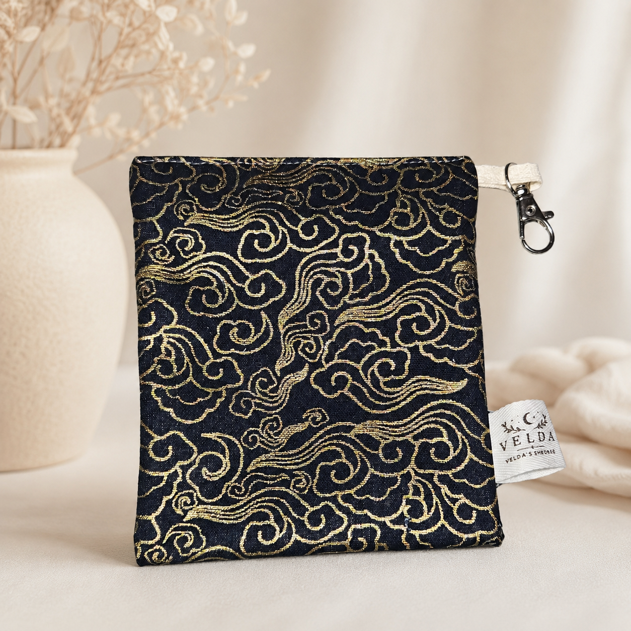 Handmade Flat Zipper Pouch – Black Gold Swirl Brocade / Cream Zipper / Pink Pull