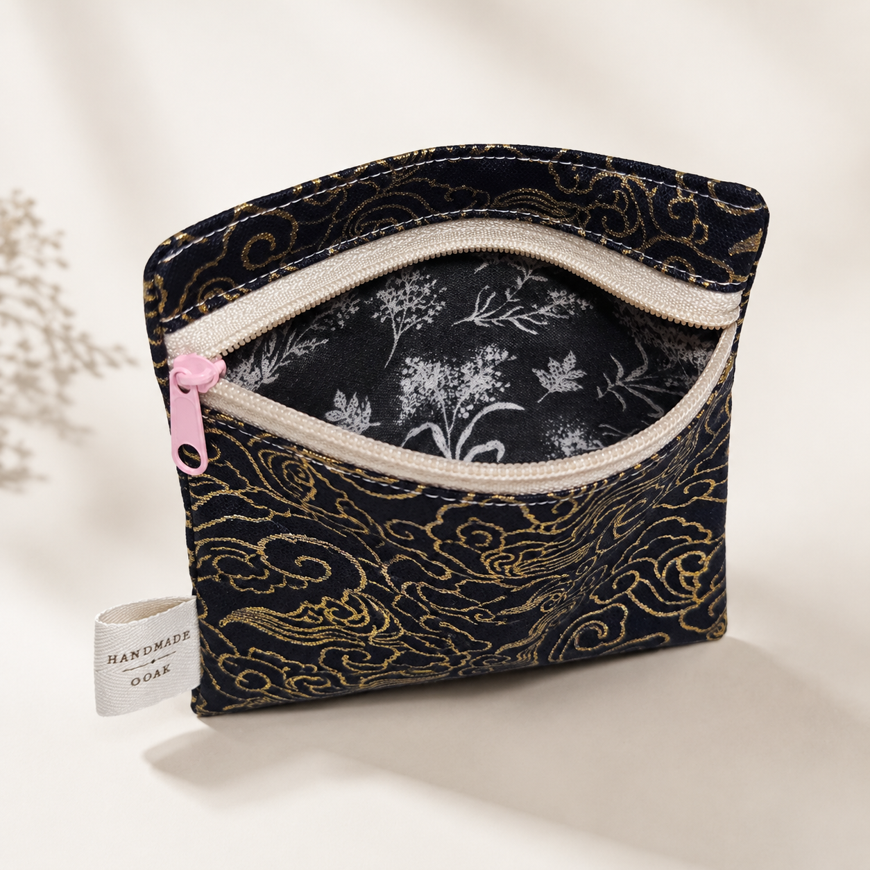 Handmade Flat Zipper Pouch – Black Gold Swirl Brocade / Cream Zipper / Pink Pull