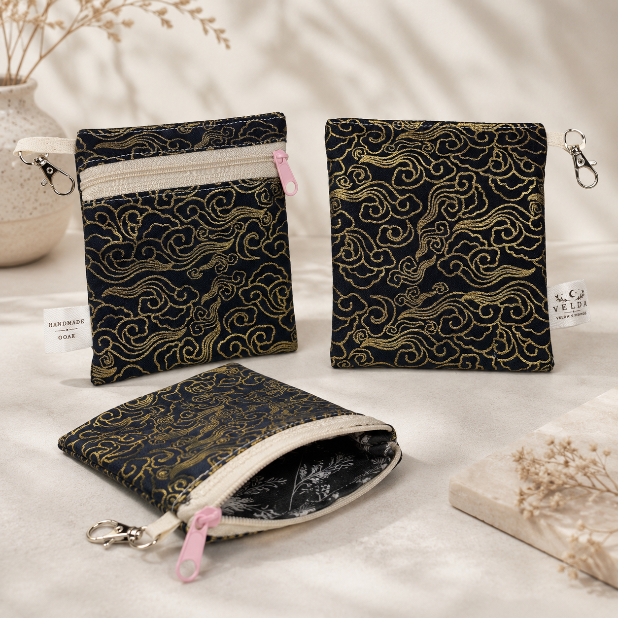 Handmade Flat Zipper Pouch – Black Gold Swirl Brocade / Cream Zipper / Pink Pull