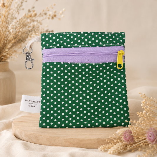 Handmade Flat Zipper Pouch – Green Polka Dot / Lavender Zipper / Yellow Pull