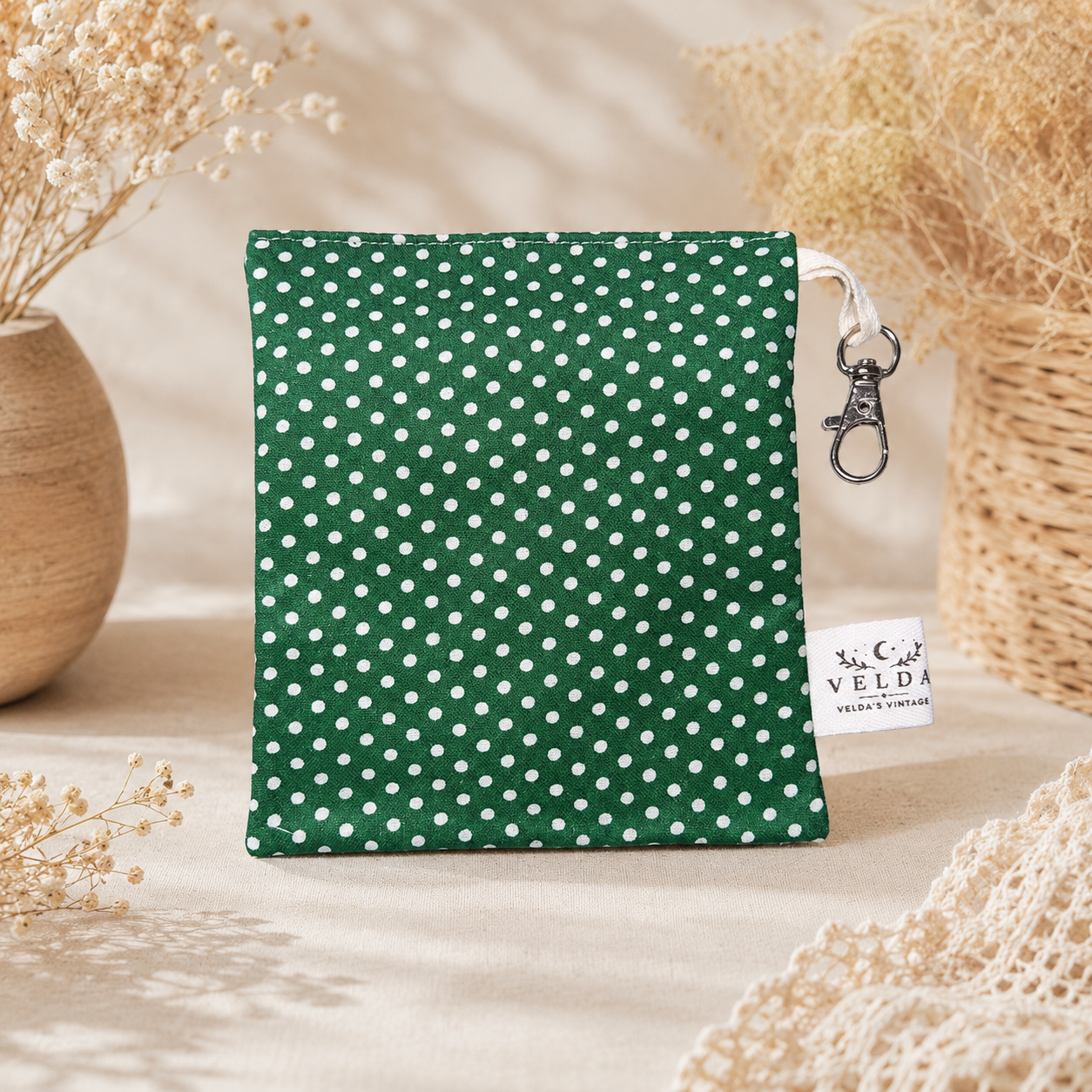 Handmade Flat Zipper Pouch – Green Polka Dot / Lavender Zipper / Yellow Pull
