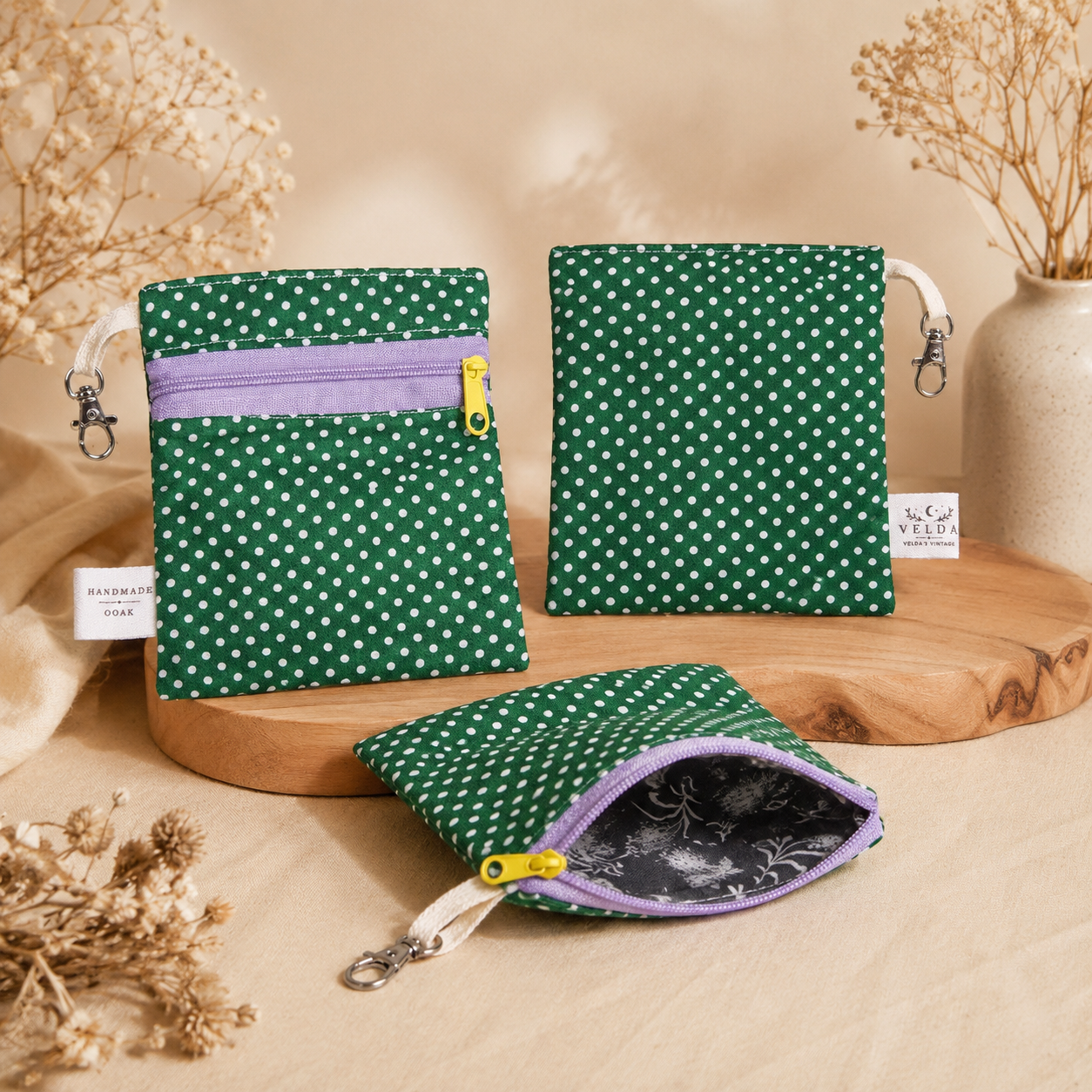 Handmade Flat Zipper Pouch – Green Polka Dot / Lavender Zipper / Yellow Pull