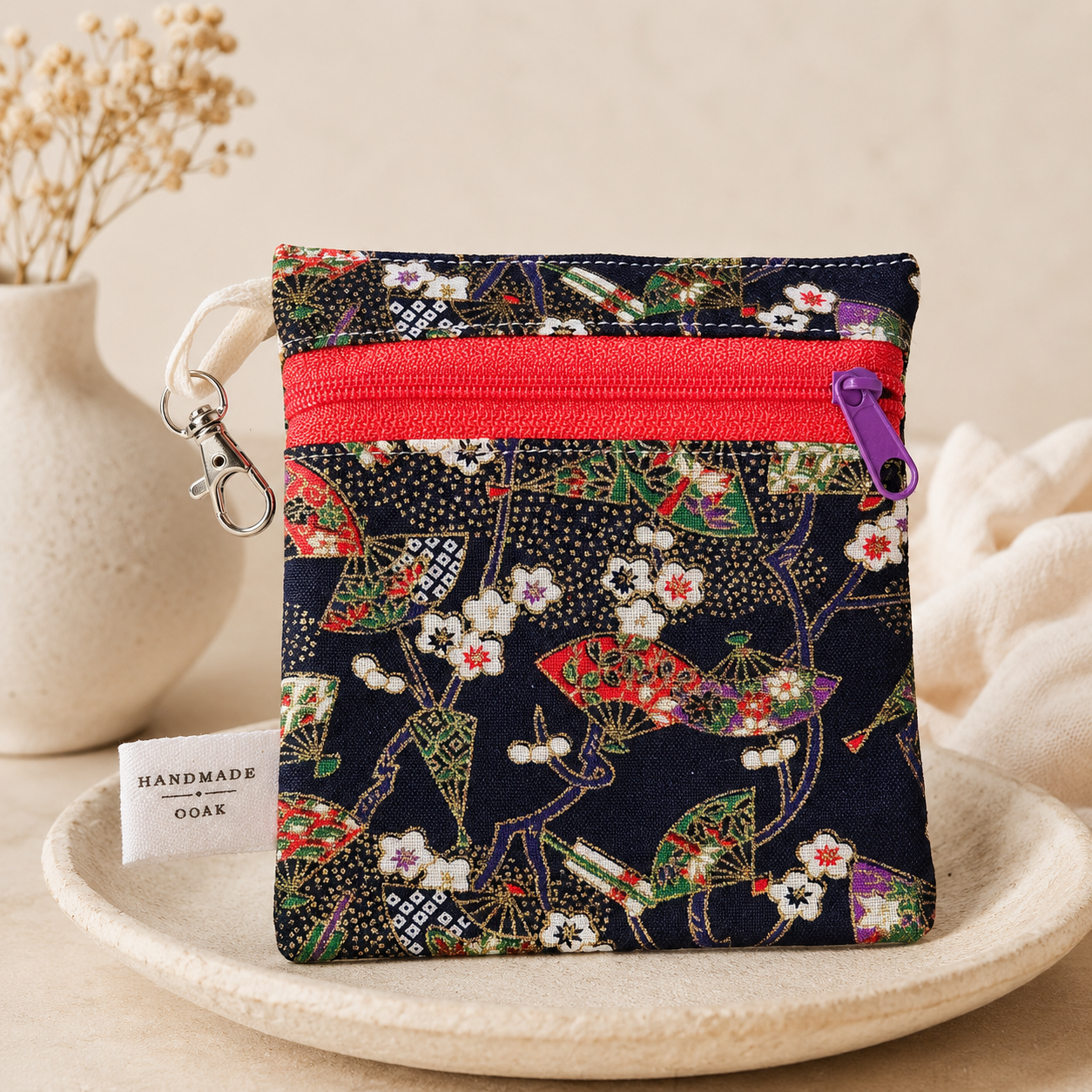 Handmade Flat Zipper Pouch – Japanese Fan Print / Red Zipper / Purple Pull