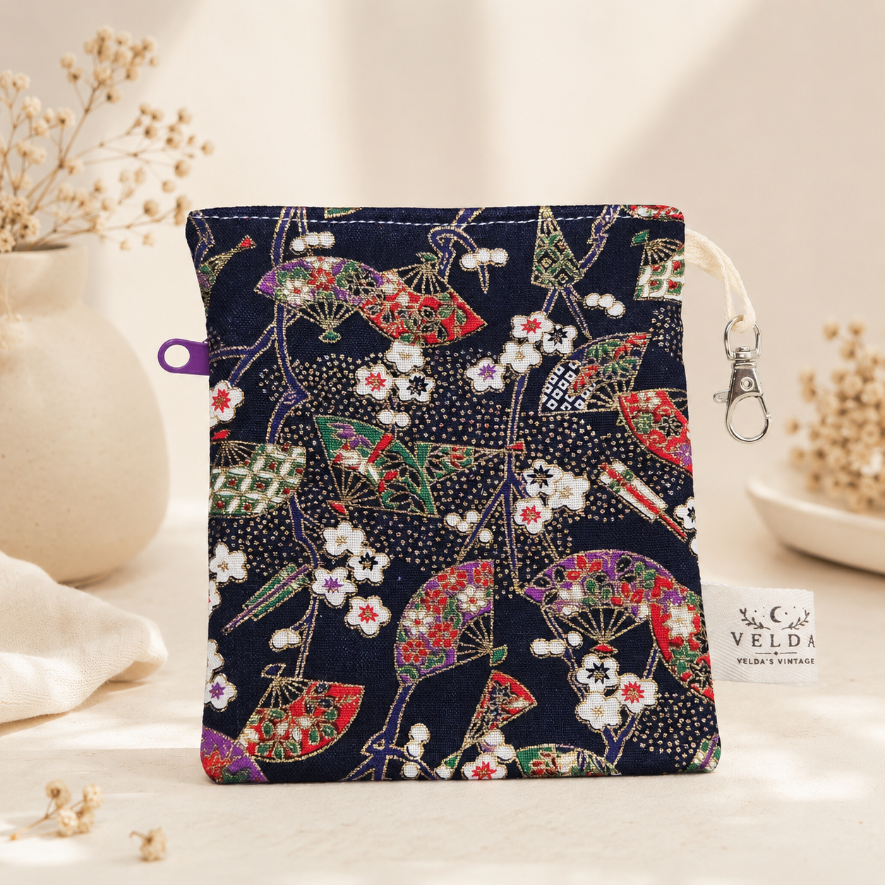 Handmade Flat Zipper Pouch – Japanese Fan Print / Red Zipper / Purple Pull