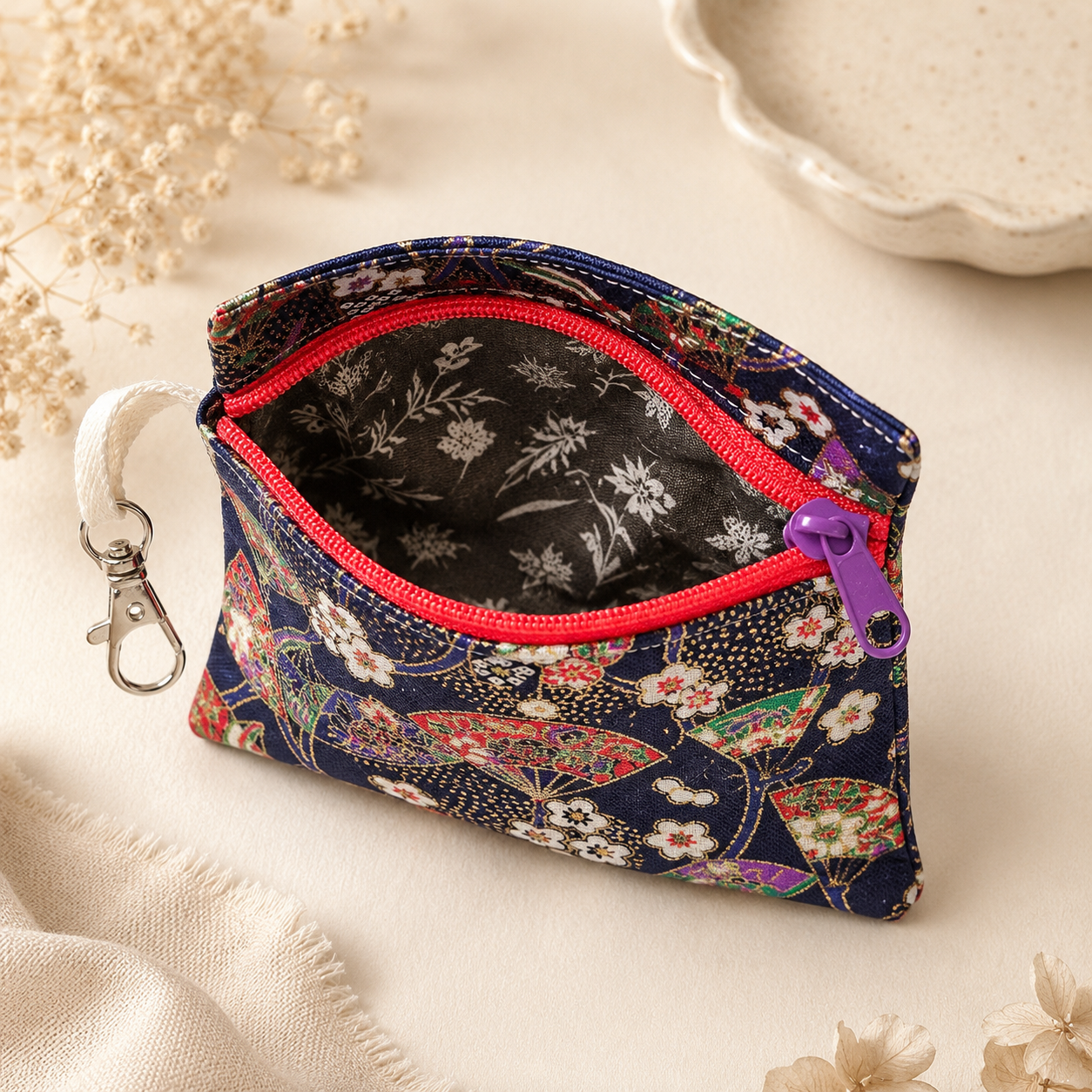 Handmade Flat Zipper Pouch – Japanese Fan Print / Red Zipper / Purple Pull