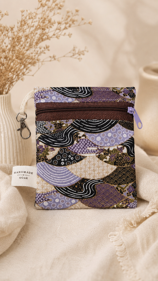 Handmade Flat Zipper Pouch – Japanese Wave & Fan Brocade / Brown Zipper / Lavender Pull
