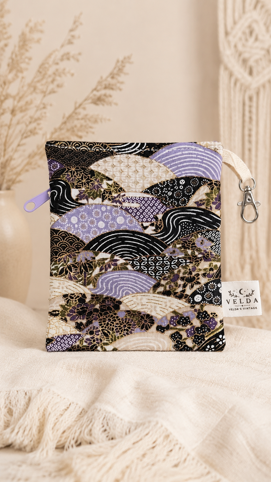 Handmade Flat Zipper Pouch – Japanese Wave & Fan Brocade / Brown Zipper / Lavender Pull