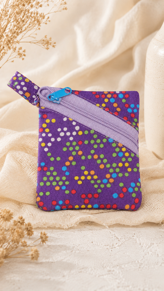 Handmade Diagonal Zip Pouch – Purple Confetti Dot / Lavender Zipper / Blue Pull