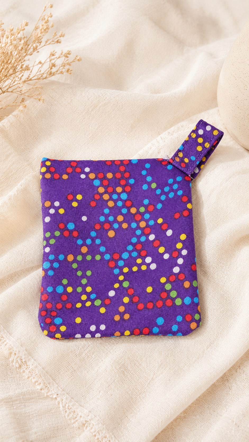 Handmade Diagonal Zip Pouch – Purple Confetti Dot / Lavender Zipper / Blue Pull